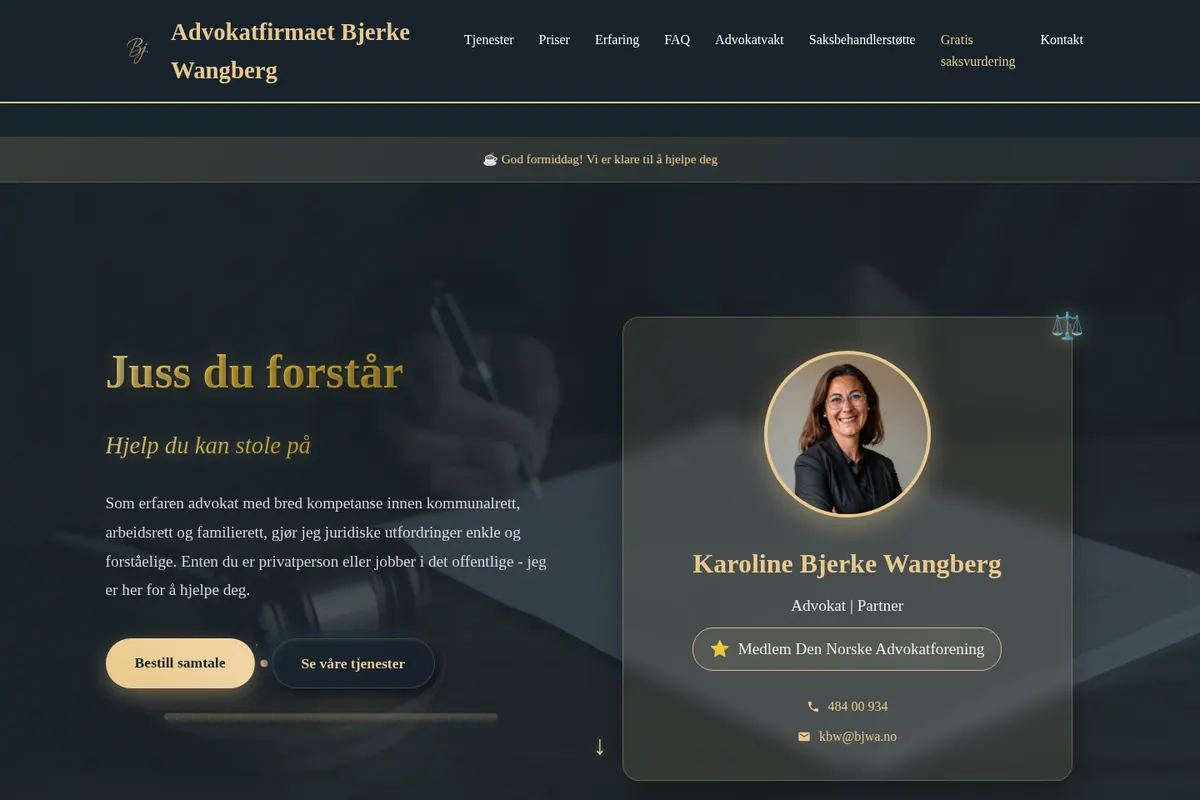Skjermbilde av nettsiden til Advokatfirmaet Bjerke Wangberg