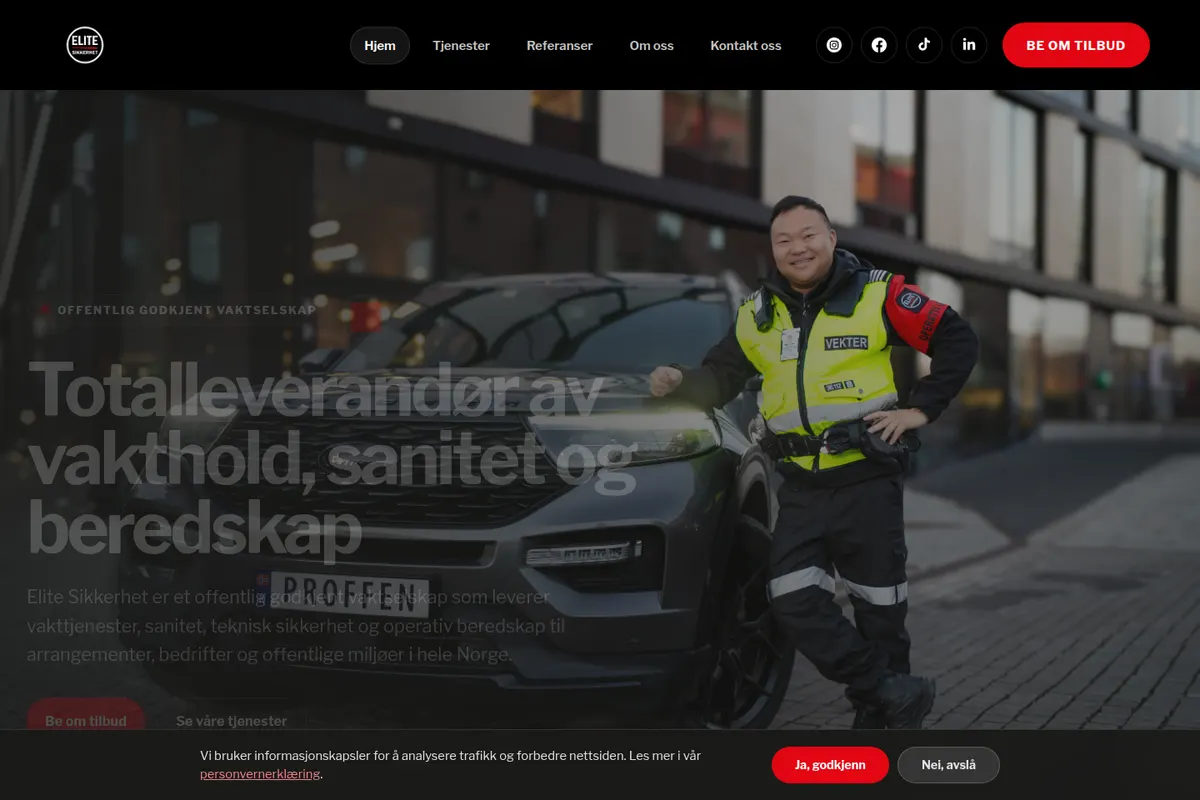 Skjermbilde av nettsiden til Elite Sikkerhet