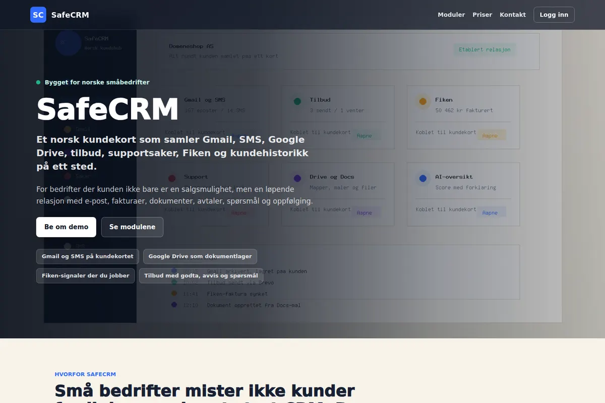 Skjermbilde av SafeCRM for kundedialog og oppfølging
