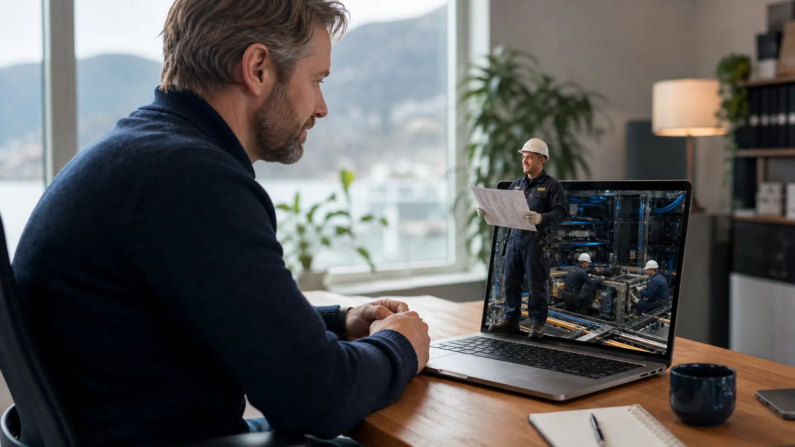 En norsk bedriftsleder snakker med en ekte miniatyrtekniker som står inne i datamaskinen med arbeidstegninger