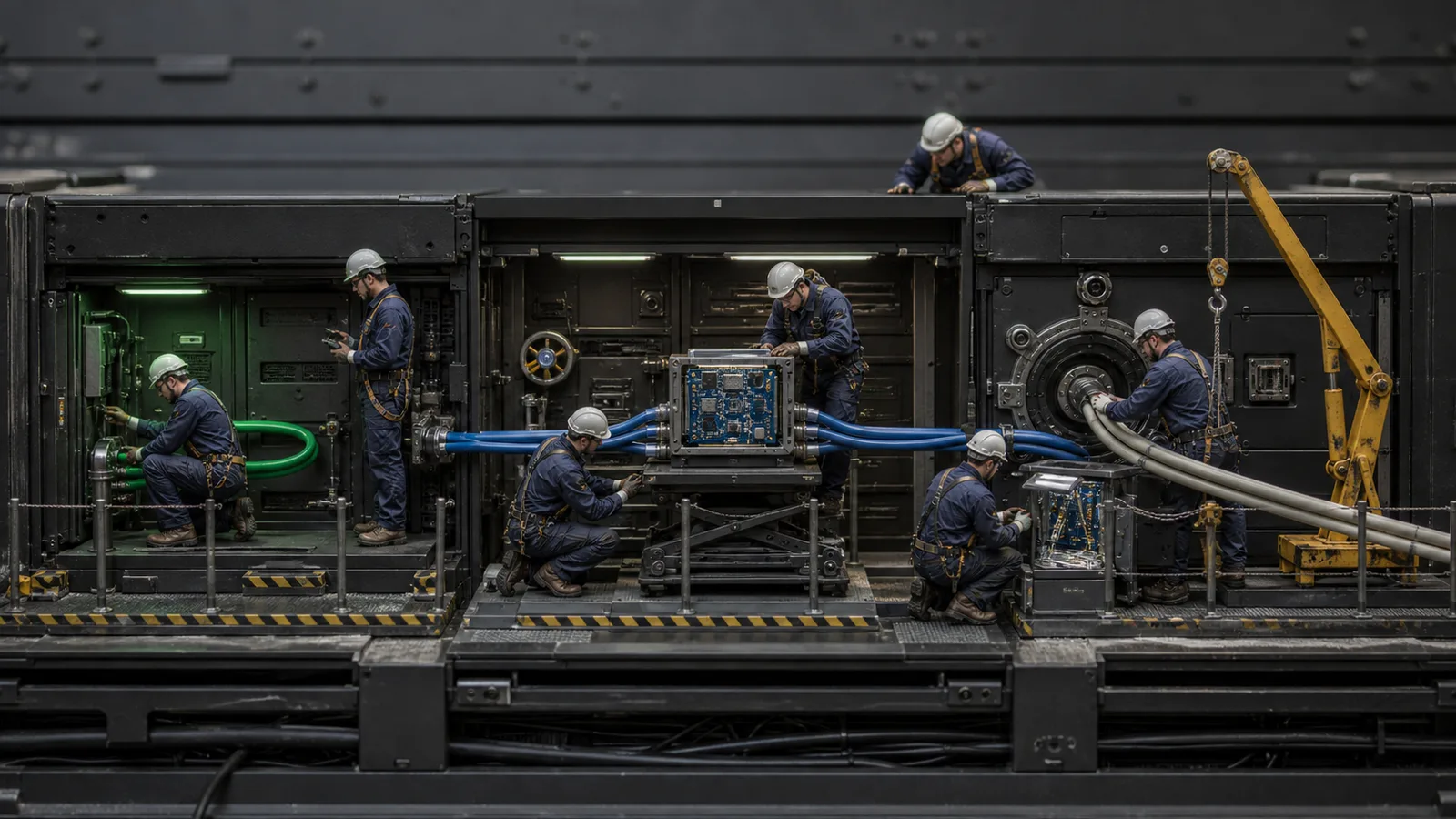Fotorealistiske miniatyrteknikere i verneutstyr kontrollerer tre adskilte dataruter inne i en stor datamaskin