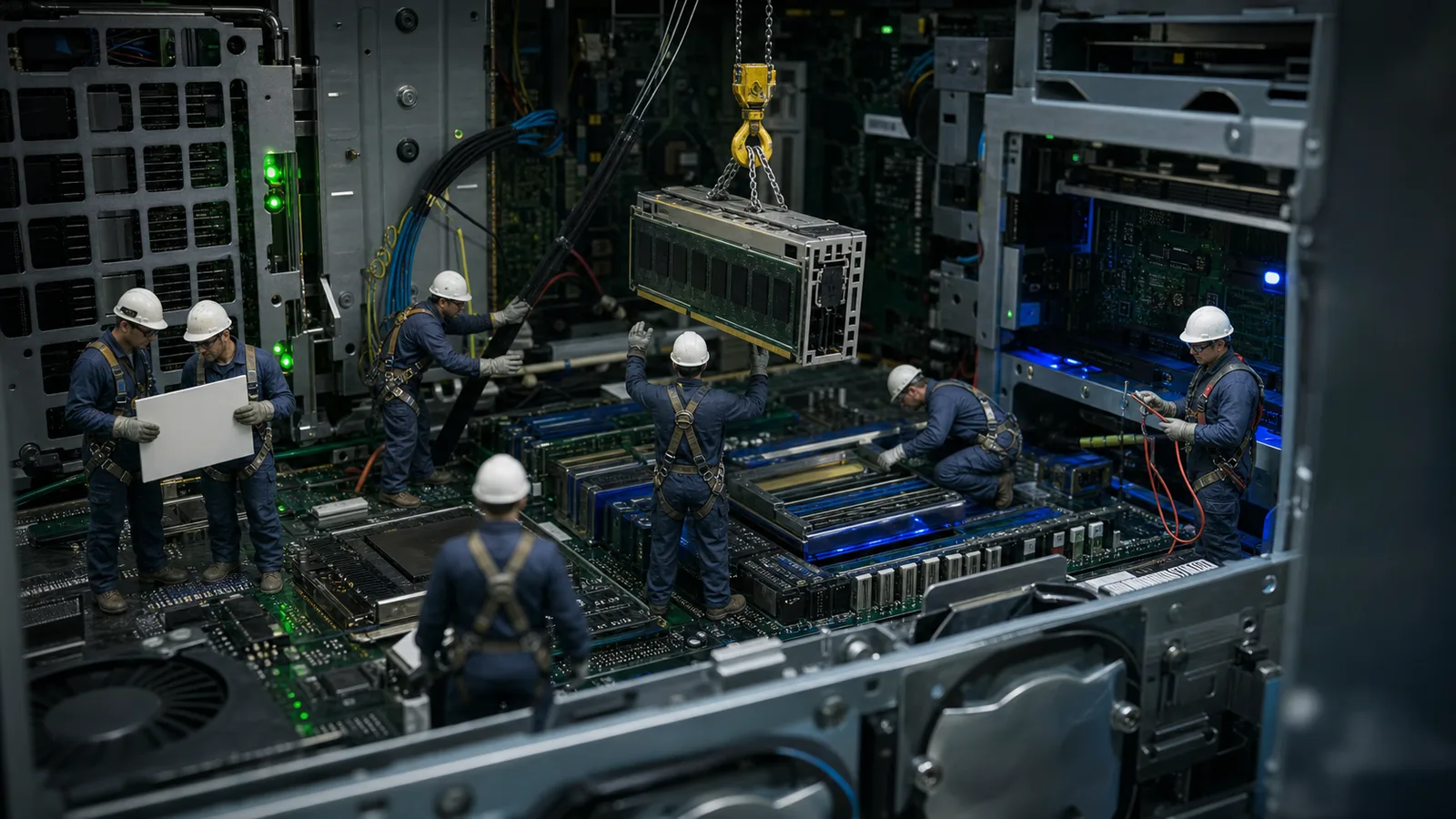 Fotorealistiske miniatyrteknikere vurderer en oppgave og installerer ett riktig tiltak inne i en stor datamaskin med kran